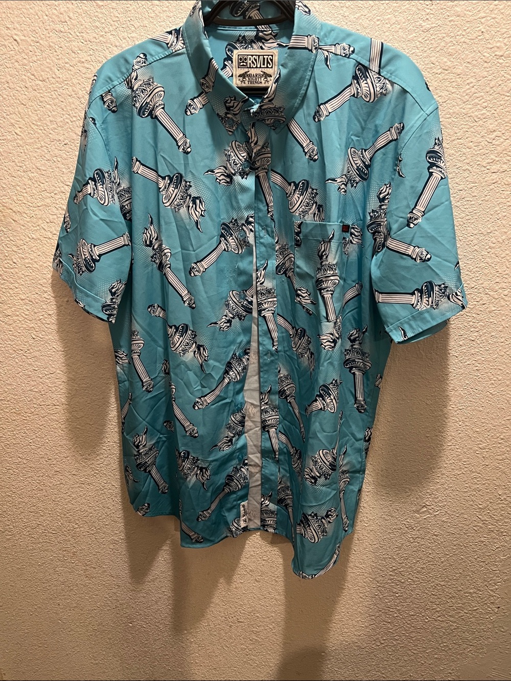RSVLTS Aqua Button-Down with Navy Torch Print